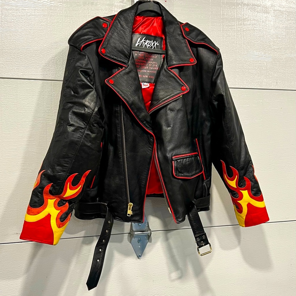 LA ROXX Black Leather Jacket with Red and Yellow Flame Accents